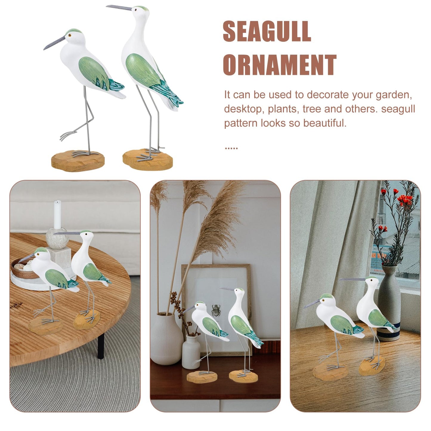 HEALLILY 2pcs Coastal Decor Wooden Seagull Figurine Bird Statue Nautical Coastal Ocean Home Decoration Green