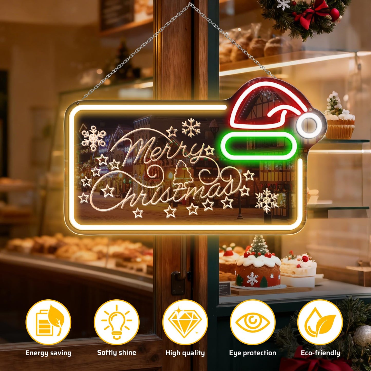 16.5 x 10’’ Mirror Merry Christmas Neon Sign, Carving LED Sign with Santa Hat, USB Powered Dimmable Switch for Xmas Party Kids Bedroom Bar Pub Club-Christmas Gift Decorations