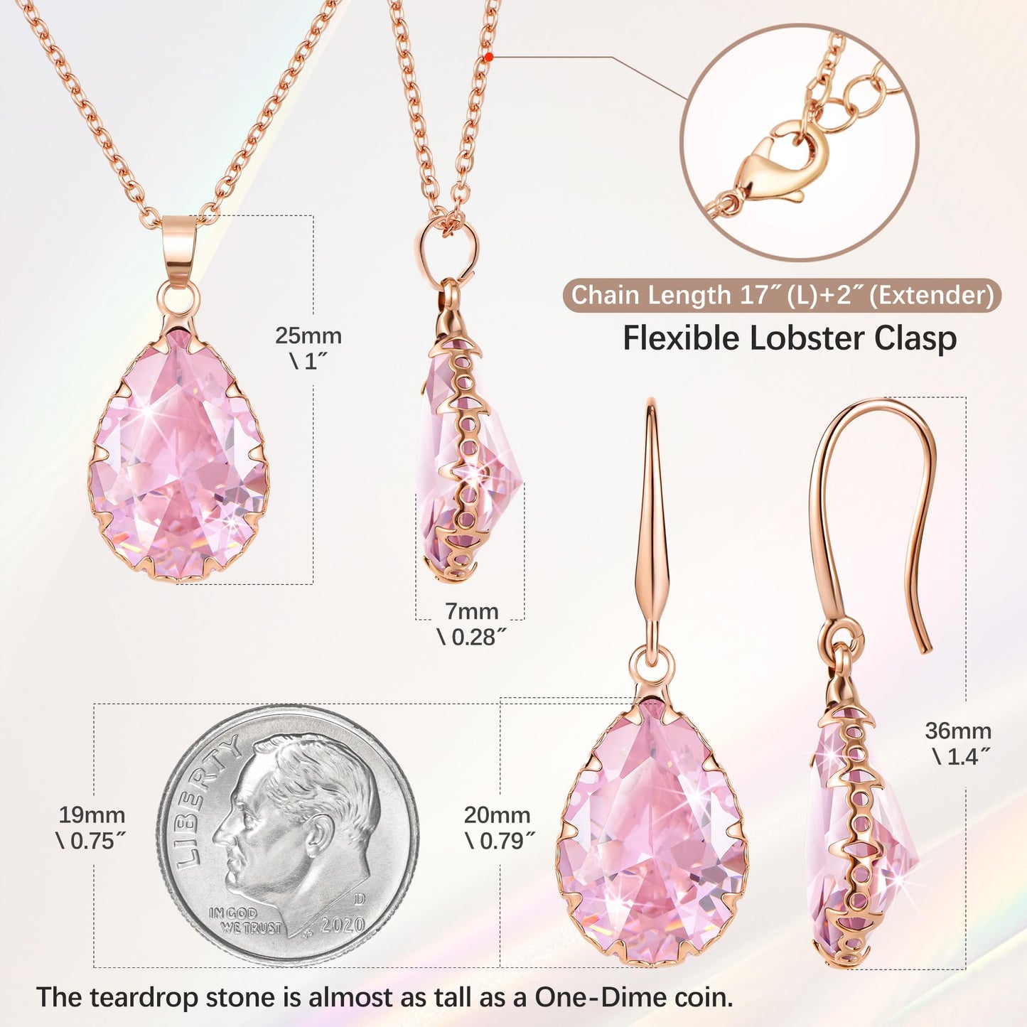 Linawe Rose Gold Pink Jewelry Sets, Crystal Pendant Necklace Set Pink Earrings Dangling Imitation Diamond Rhinestone Cubic Zirconia Birthstone Teardrop Dangle Matching Wedding Set