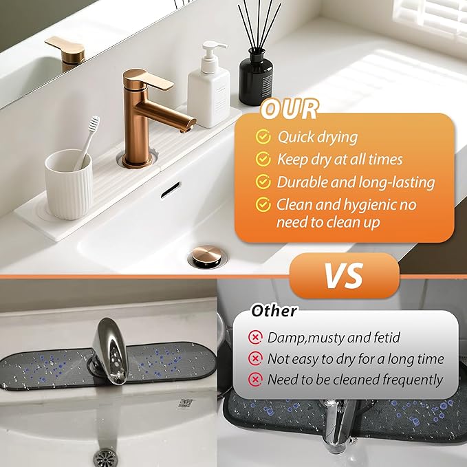 Kitchen Sink Faucet Mat, Diatomaceous Earth Quick Dry Sink Splashback Drying Mat