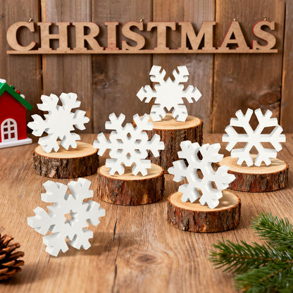 PAIVSUN 6Pcs Christmas Wooden Snowflake Decor Winter Snowflakes Table Signs Centerpieces Decorations Standing for Xmas Holiday Party Home Tabletop (White)