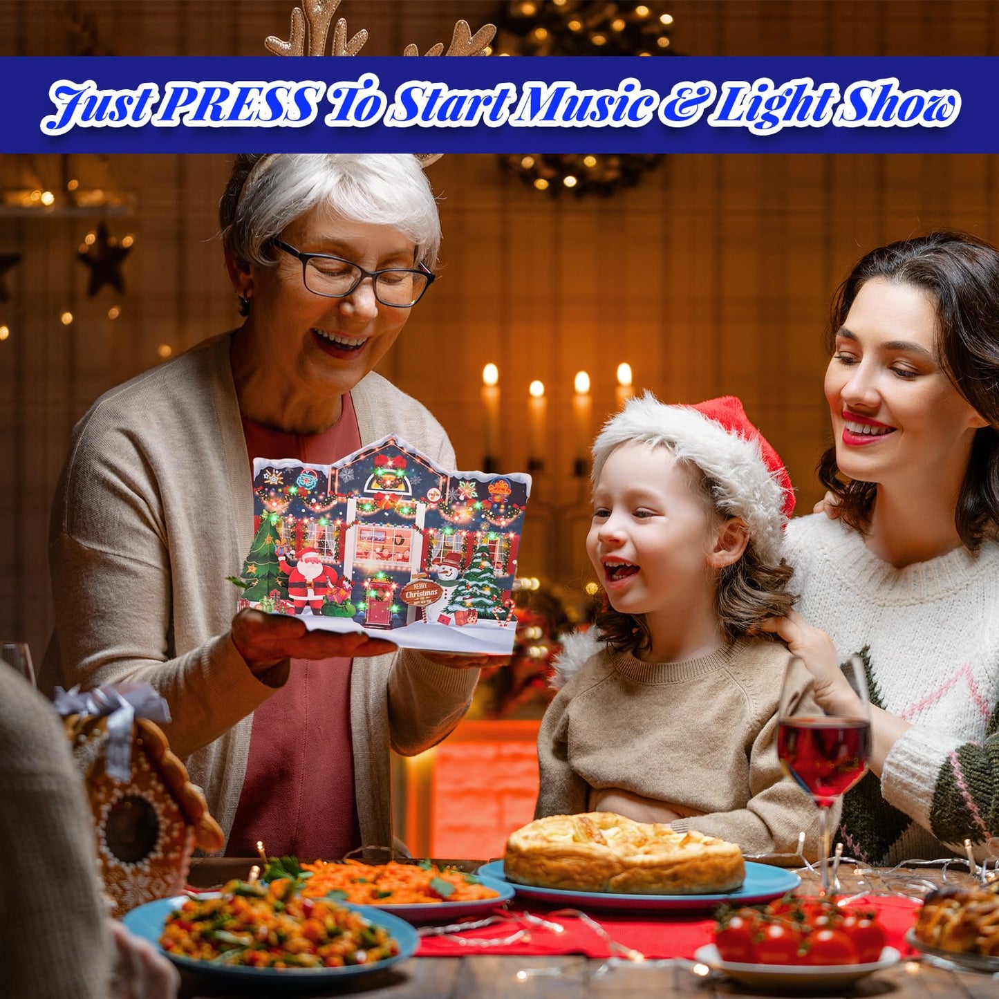 MZD8391 3D Pop Up Christmas Cards with Music and Lights, Animated Christmas Gift Card, Playing 3 Songs with 3 Matching Lights Blinking Modes (Envelope Included)