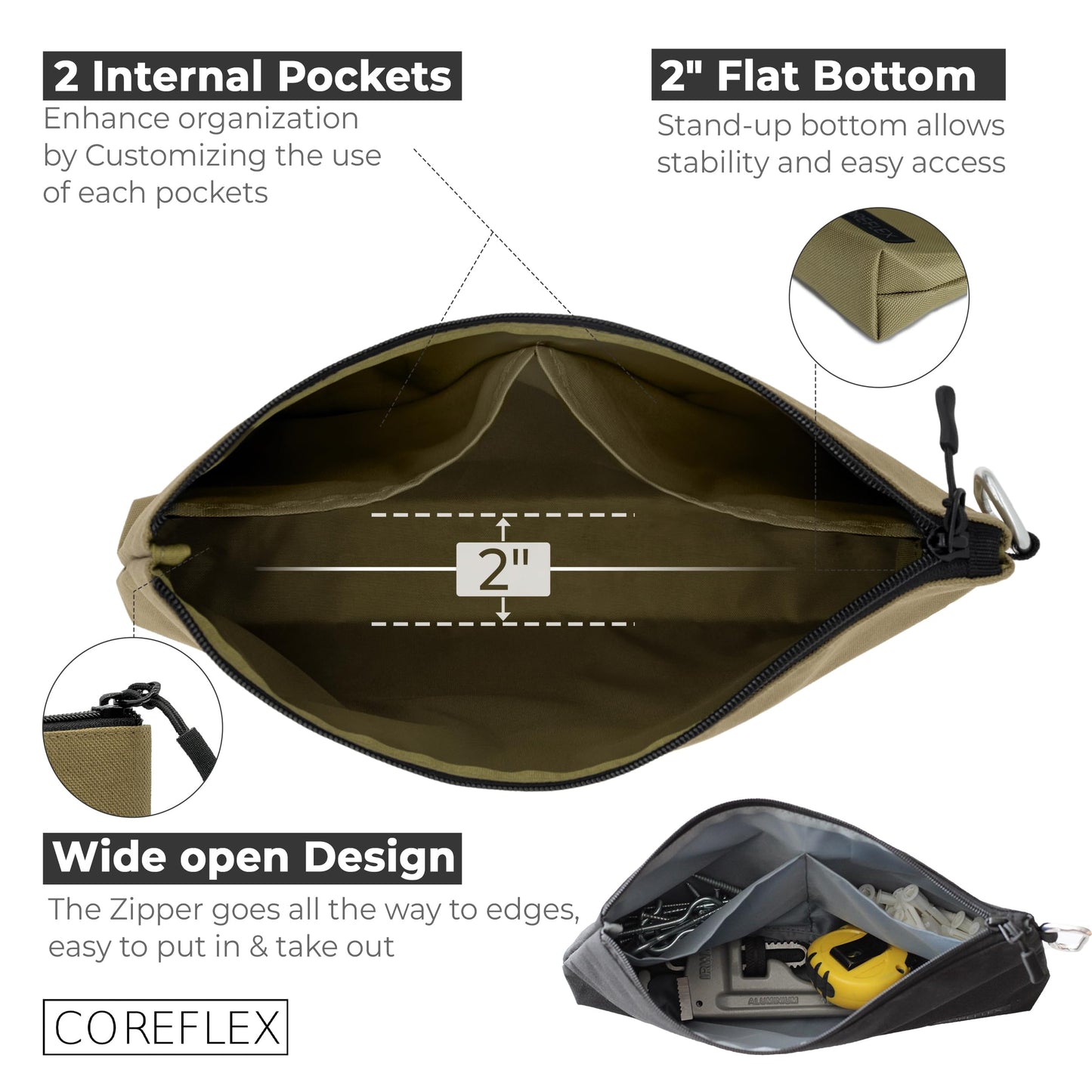 COREFLEX Premium Tool Pouch Zipper Bag, Small Tool Bag, Multipurpose Storage pouch, Heavy duty Flat Bottom Tool bag with YKK Zipper (3 pack Large 12inch)