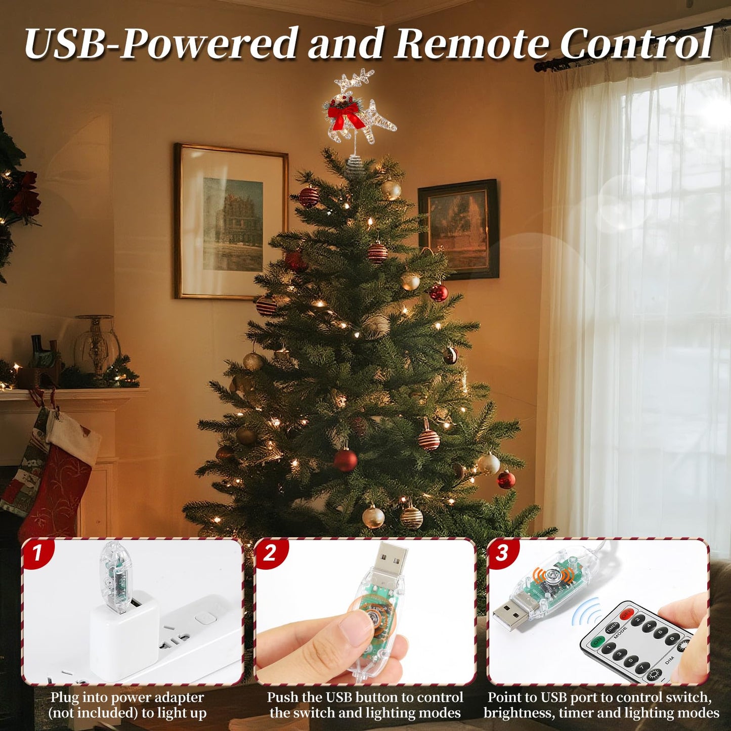 Lewondr Christmas Tree Topper, 11'' Metal Reindeer Christmas Star Tree Topper with Pine Leaves and Bow,30 LED Bulbs,6H Timer, 8 Light Modes, USB & Remote Control Deer Treetop for Home Xmas Decor,White