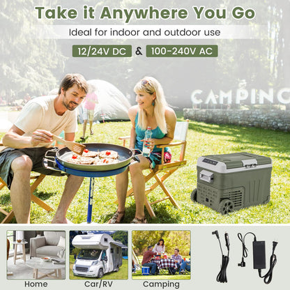 COSTWAY Car Refrigerator with Wheels, 37-Quart Electric Cooler, 12V/24V DC, 100-240V AC, -4°F To 68°F, Portable Car Fridge Freezer with Pull Handle & 2 Wheels for RV Camping, Black