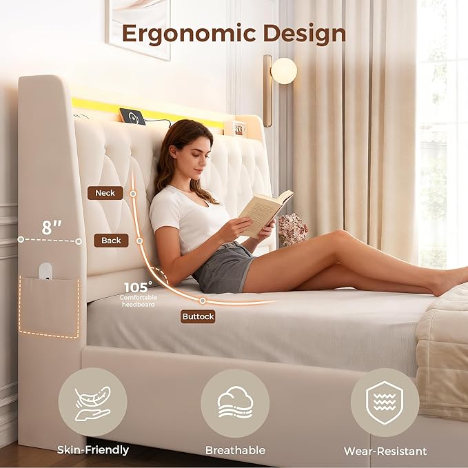 Full LED Velvet Bed Frame with 2 Storage Drawers&Hidden Headboard, Upholstered