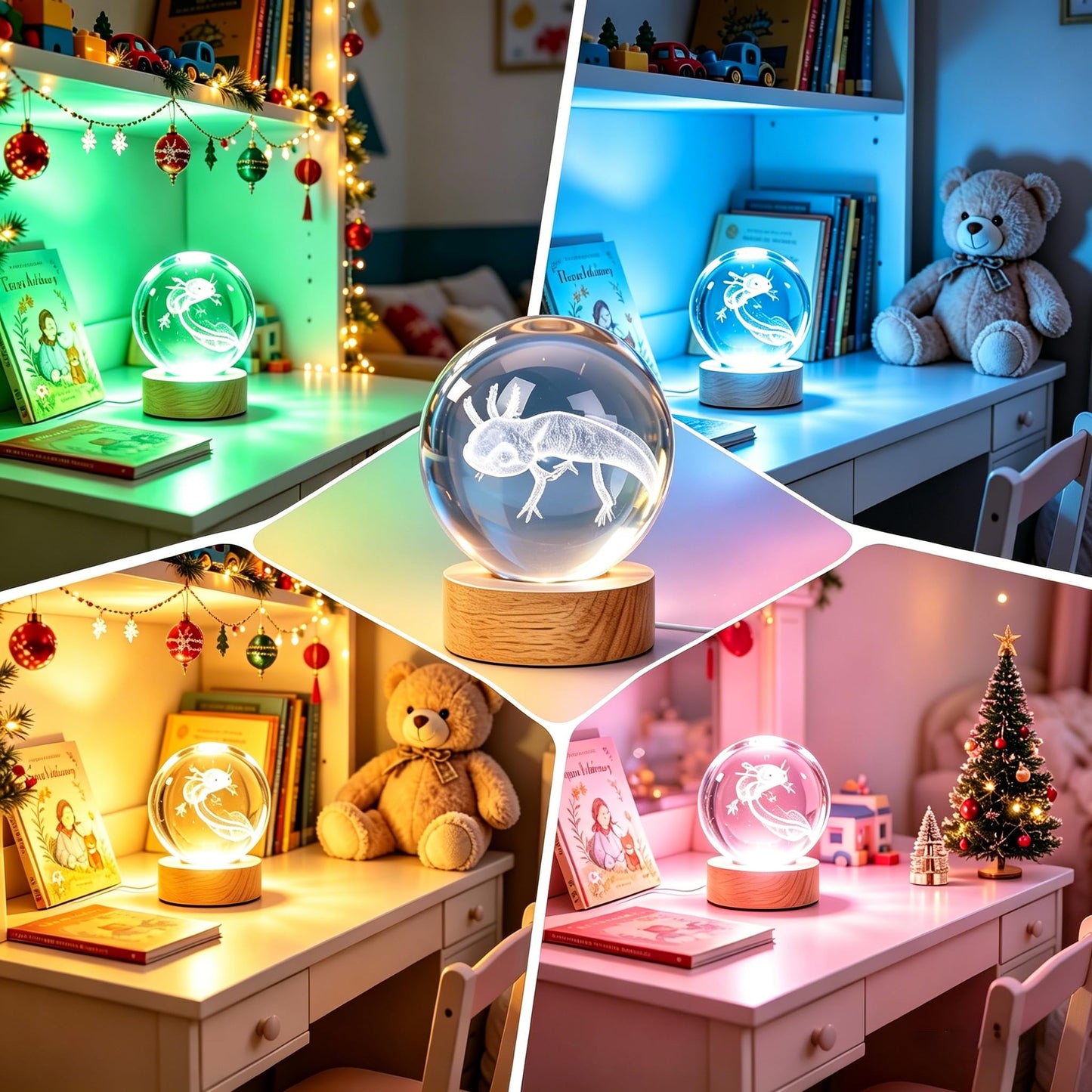 Ddlisu Axolotl Night Light, 3.15 inch 3D K9 Crystal Ball Lamp, 16 Colors Change, Wooden Base, Axolotl Lamp with Remote Control, Birthday Holiday Gifts for Boys Girls Friends