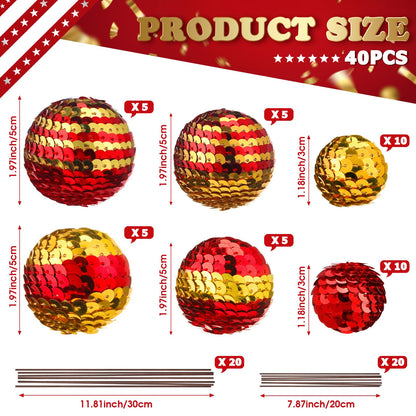 Hiboom 40 Set Independence Day Sequins Ball Decoration Picks Patriotic Ornaments 4th July Tree Decorations Sequin Ball Ornament for Memorial Day Veterans Patriotic USA Themed Party(Gold, Red)