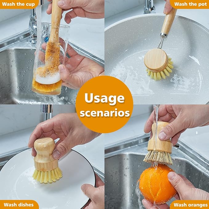 Bamboo Dish Brushes Sets 4 Tools in One Kitchen Clean Dish Scrubber