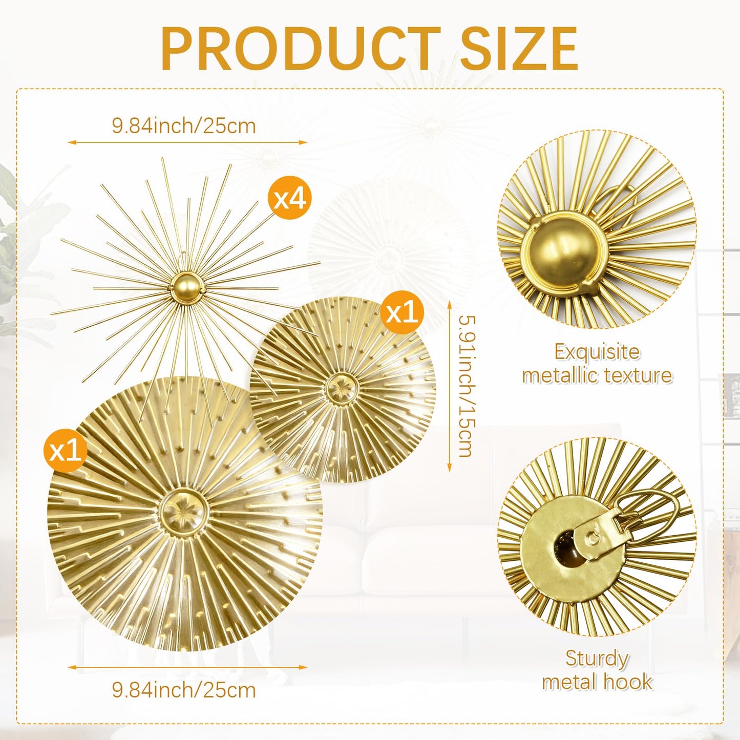 Yudlto 6 Pcs Gold Wall Decor Set, Modern Metal Starburst Radial Plate Wall Art, Gold Metal Hanging Decor for Living Room Bedroom Bathroom Office