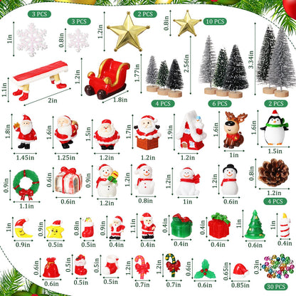 Roowest 96 Pcs Miniature Ornaments for Snow Globe Kit DIY Christmas Village Decoration Christmas Figurines Mini Ornaments with Snowman Reindeer Santa Claus Snowflake(Green Sliver Black)