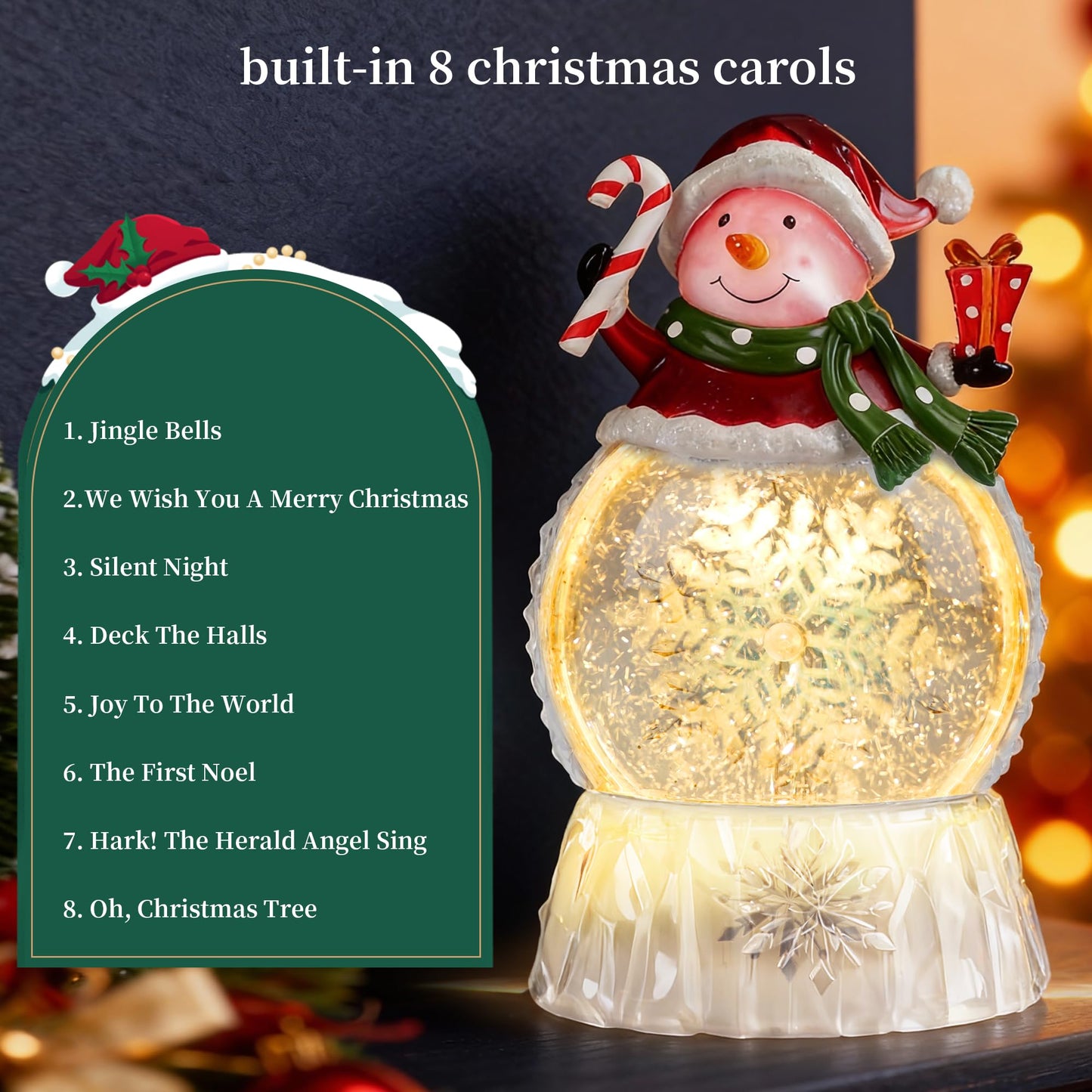 9" Lighted Christmas Snow Globe Lantern, Snowman Water Globe with Swirling Glitter, 8 Christmas Songs, USB/Battery Powered, 6H Timer, LED Holiday Tabletop Decor