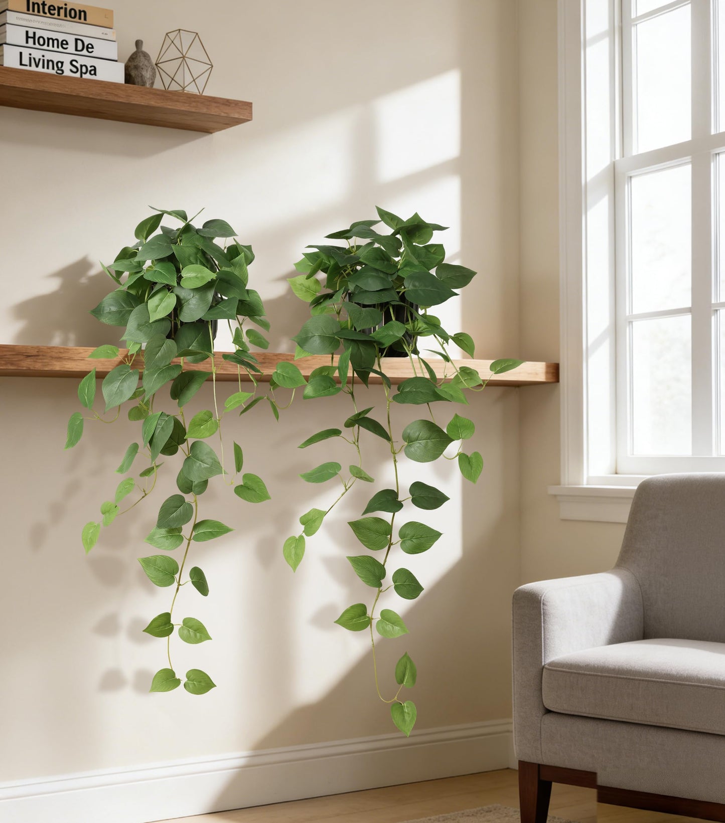FancyPlus Fake Plants 2 Pcs Faux Pothos Plants Potted Indoor Artificial Hanging Plants Realistic Fake Greenery Table Desk Bathroom Office Bedroom Living Room Shelf Modern Farmhouse Decor Indoor