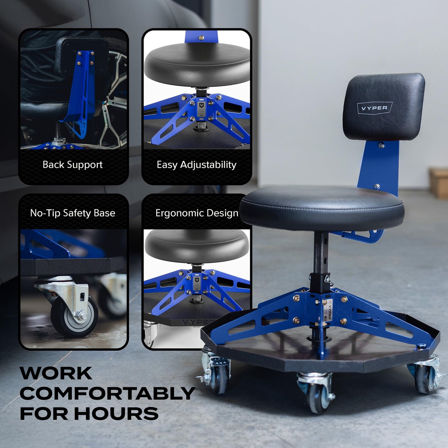 Vyper Robust Steel Sport Shop Chair for Mechanics, Automotive, DIY - 300 lb Capacity Garage Stool with Backrest & Large Wheels (Black Seat, Blue Frame)