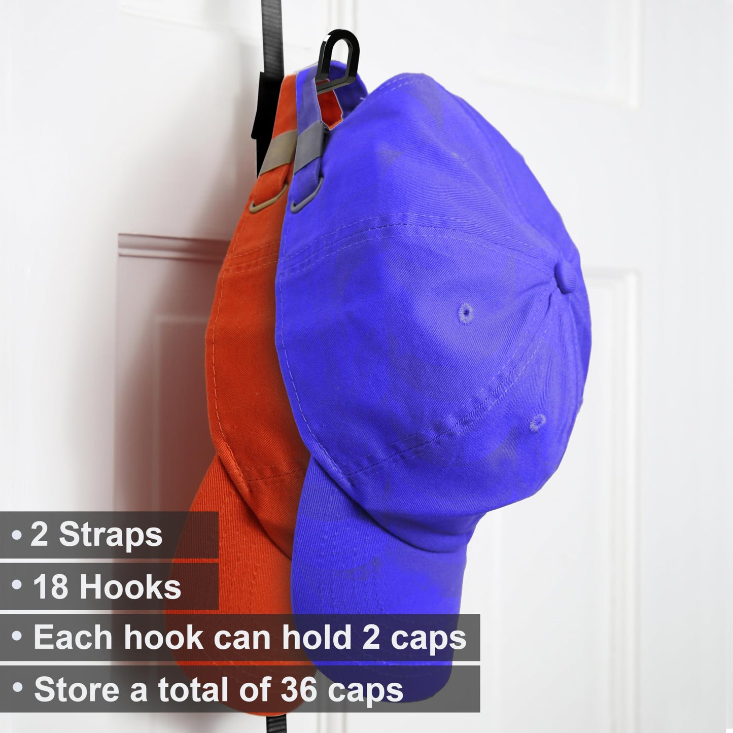 Perfect Curve Hat Organizer CapRack | Over-The-Door Hat Rack and Organizer | Baseball Cap Rack | Hat Rack for Door | Cap Organizer | 2 Straps | Holds 18 to 36 Adjustable Caps |Black