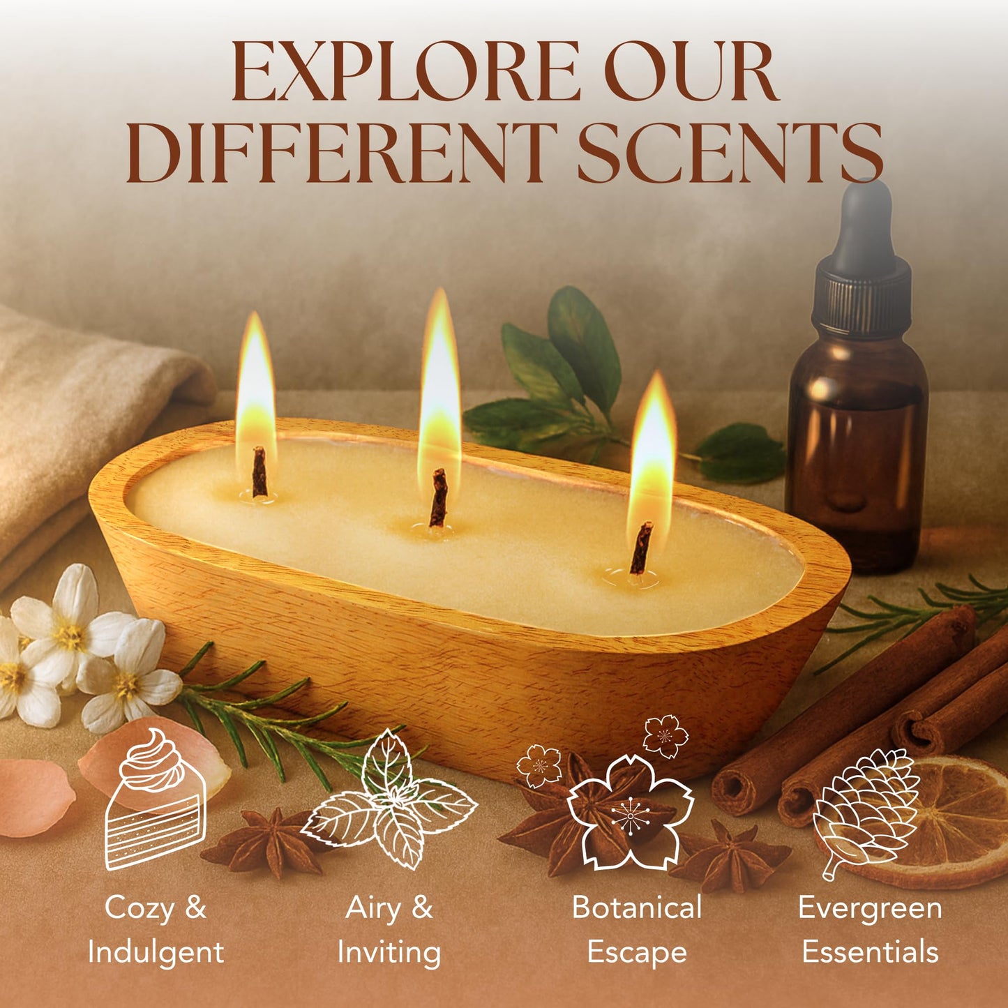 Dough Bowl Candle Co. Palo Santo Candle - Scented Candles for Home for Meditation for Men and Women, 100% Soy Wax Decor with 40H Burn Time, 10x6 Large 3 Wick Luxury Aromatherapy Gifts in Wood Bowl