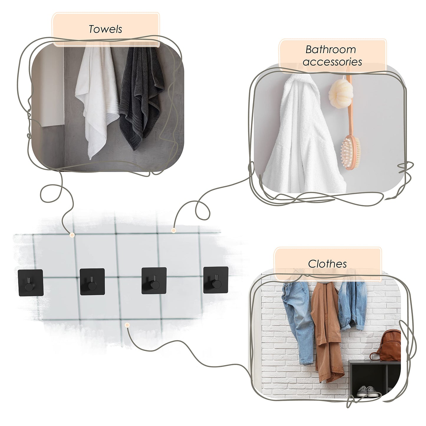 SAYONEYES Matte Black Self Adhesive Towel Hooks for Bathroom Wall Door Mounted - SUS304 Stainless Steel Strong Strips Stick on 3M Wall Hooks for Hanging Coat, Hat, Bag, Key, Jacket – 6 Pack