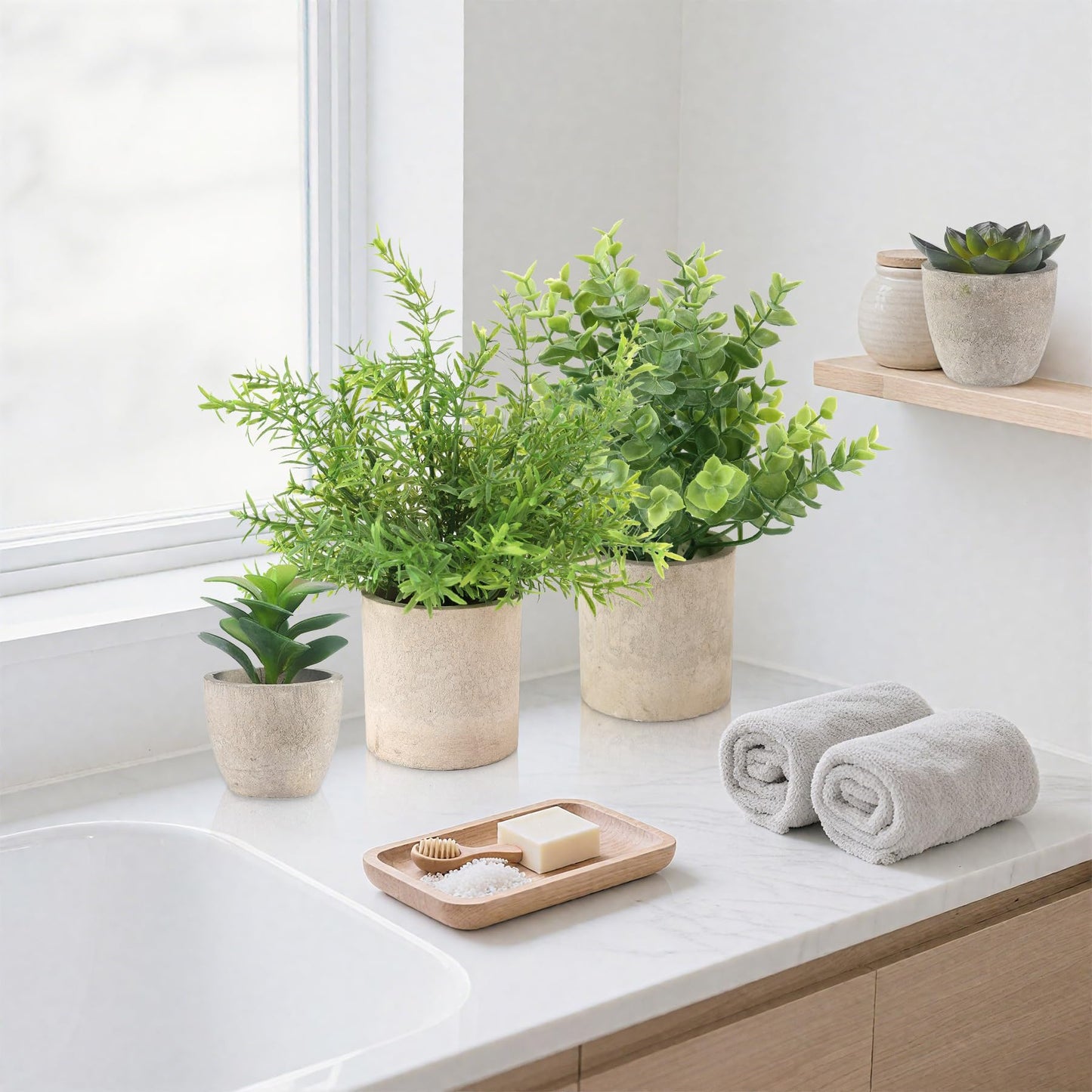 ALAGIRLS 4 Pack Small Fake Plants, 10" Artificial Plants Indoor Eucalyptus/Rosemary/Succulents, Small Faux Plants in Pulp Pot,for Farmhouse Decor, for Bathroom Bedroom Kitchen Office Living Room Decor