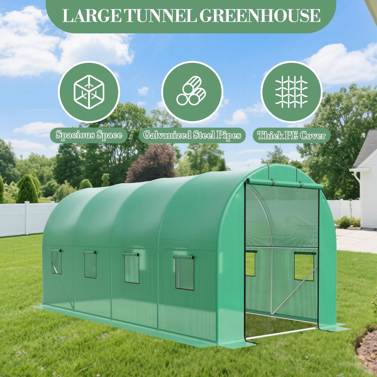 15x7x7 Ft Walk-in Tunnel Greenhouse for Outdoor Gardening - Heavy Duty Galvanized Steel Hoop House with Green PE Cover, Roll-Up Zipper Door & 8 Vent Windows, Plant Protection & Year-Round Growing
