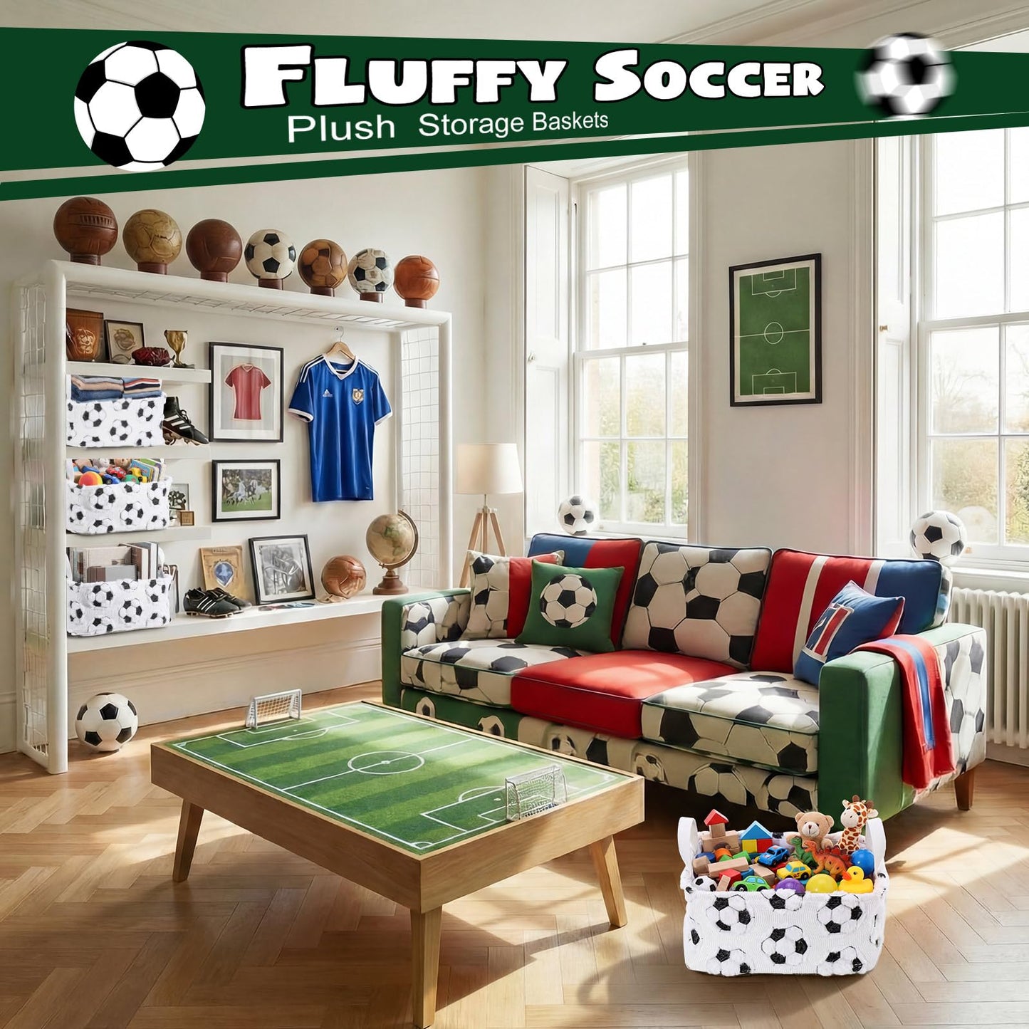 Yiyiring 2 Pcs Soccer Storage Baskets 14x10'' Back to School Gift Basket Foldable Fluffy Laundry Storage Bin with Handle Sport Theme Closet Organizer for Preppy Dormitory Countertop Tabletop Shelf