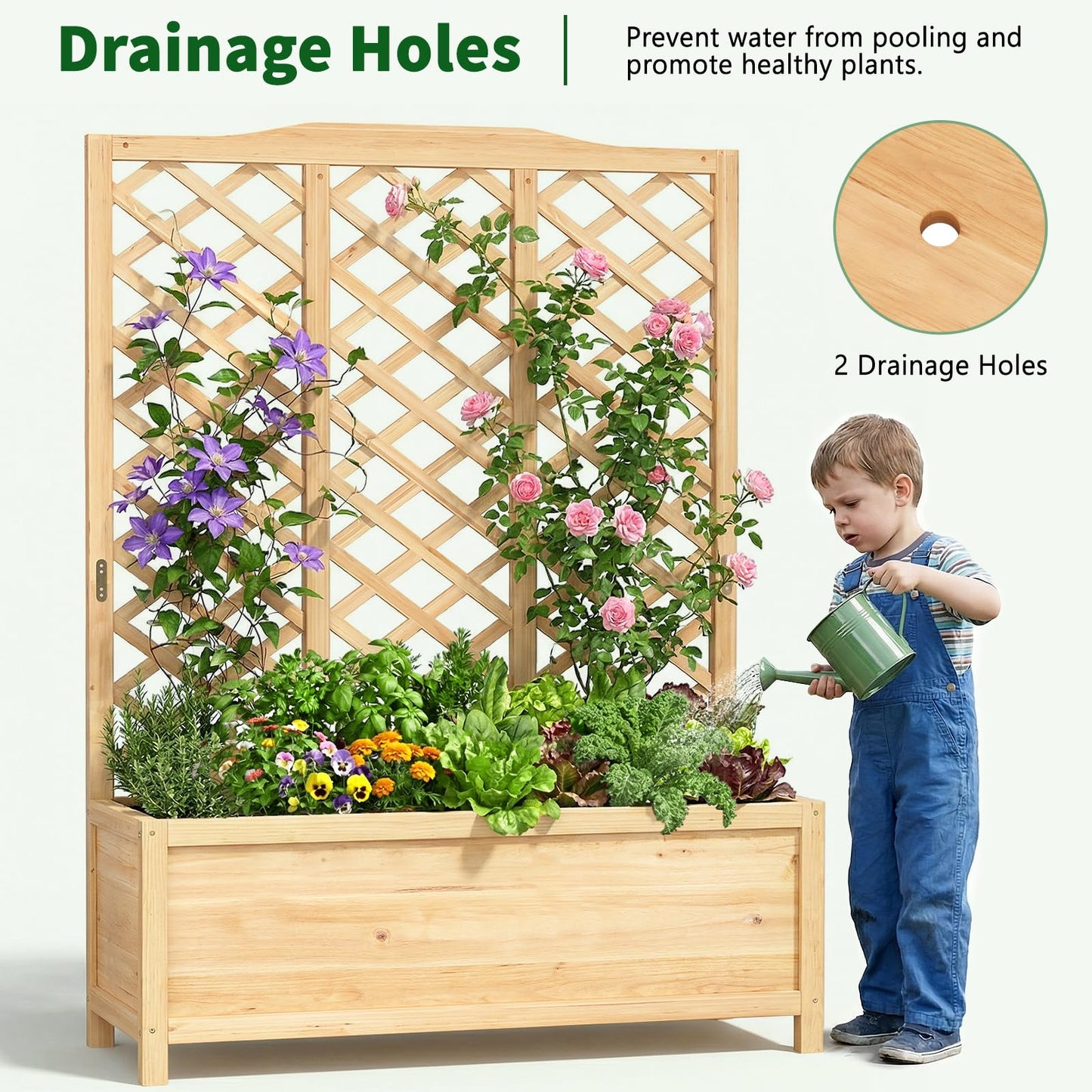 UrGROWA Wooden Raised Garden Bed with Trellis, Freestanding Planter Box with Drainage for Vines Climbing Plants Flowers Herbs, Elevated Gardening Planter for Backyard Balcony Patio