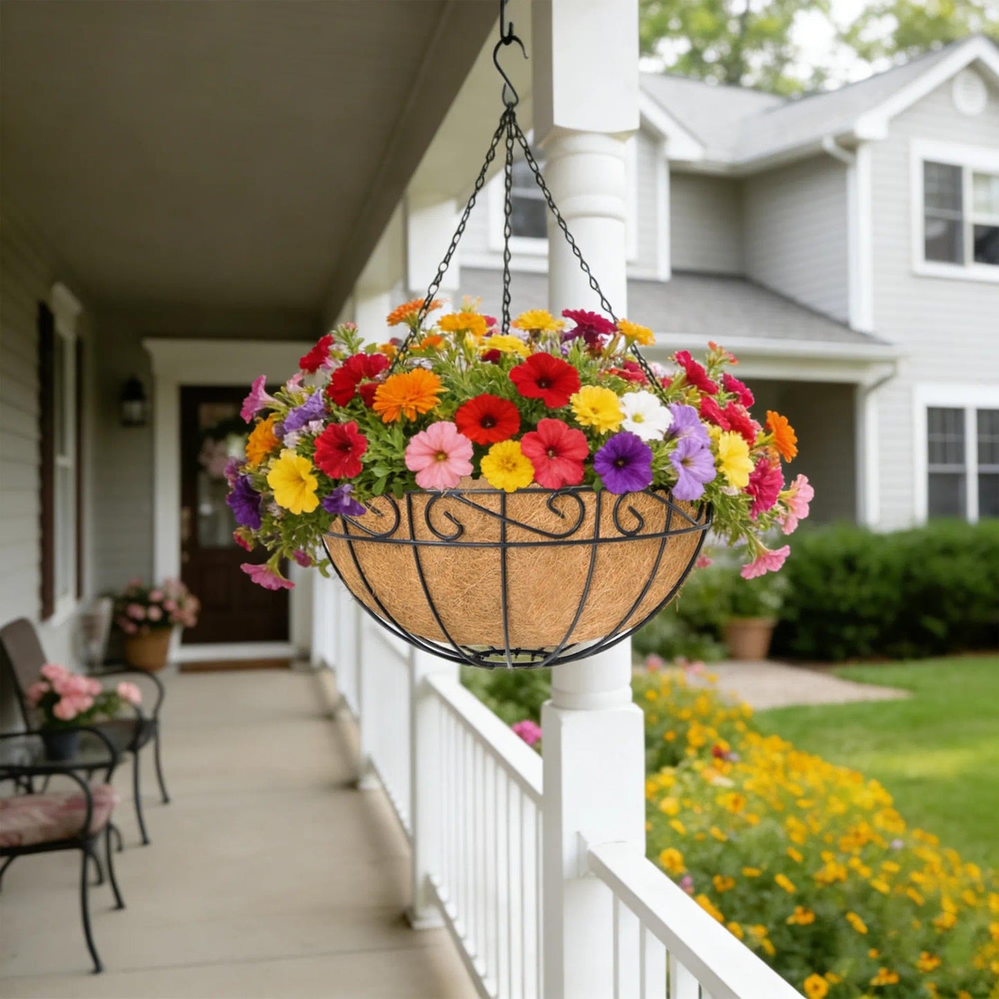 KIDYBELL 4 Pack 14 Inch Hanging Baskets for Plants Outdoor Metal Hanging Planter Basket with Coco Coir Liner Hanging Flower Pots Holder for Garden, Patio(Flower)
