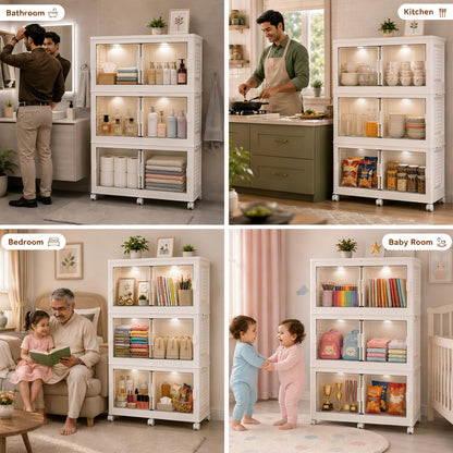 FINCHESCLUB 568QT/141GAL 3 Tier Stackable Storage Bins, Foldable Cabinets with Wheels, Doors and Motion Sensor Lights, Collapsible Closet Storage Organizer, 3 Pack Cubes, White