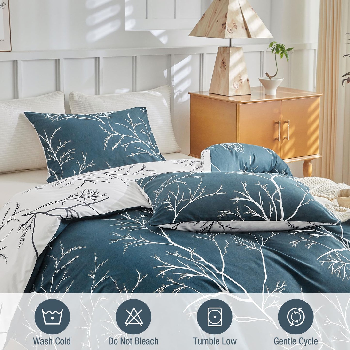 Lekesky Reversible Duvet Cover King Size, Dark Blue White Thin Branch Duvet Cover King 3pc Ultra Soft Microfiber Breathable Stylish Bedding Set with Zipper Ties