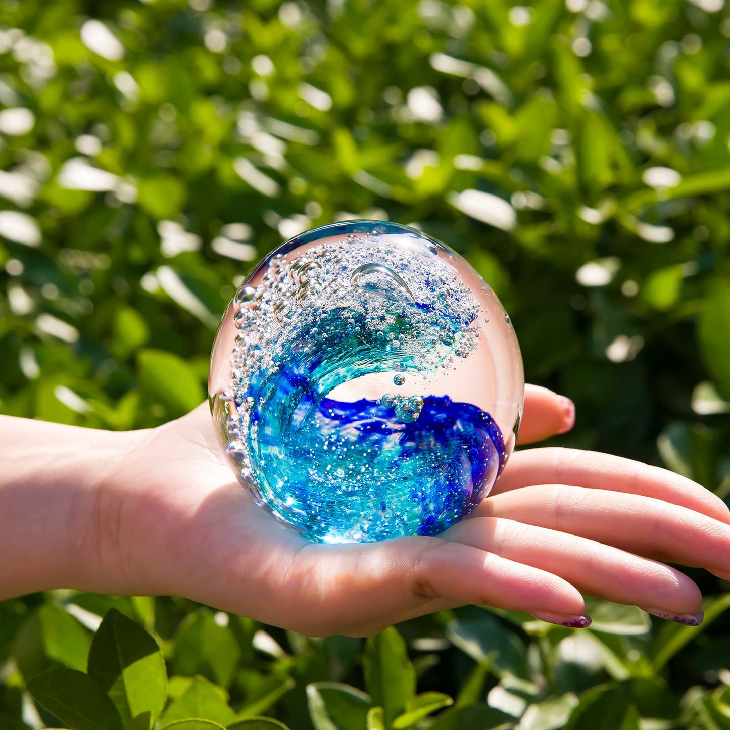 XLSJGYP Crystal Ball Blown sea Glass Art Ornament Collectible Blue Waves Paperweight Figurines Spere Statues for Home Office Decor a Gift for Ocean Lovers Perfect for Men Women (Blue-Crystal Ball)
