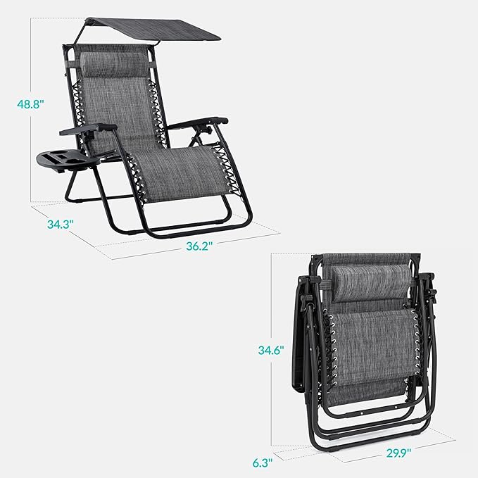 Best Choice Products 30” Wide Folding Zero Gravity Outdoor Recliner Patio Lounge Chair w/Adjustable Canopy Shade, Headrest, Side Accessory Tray - Gray