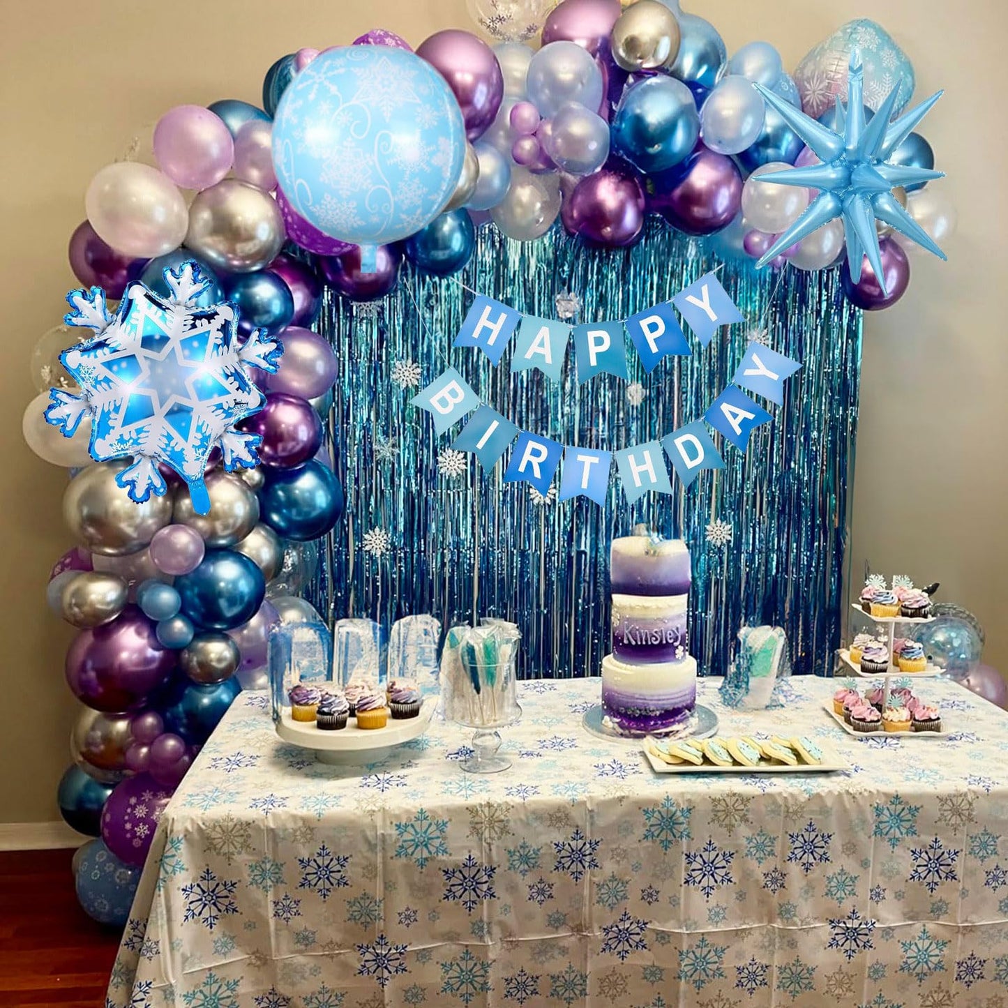 Winter Snow Birthday Party Decorations, 4D Snowflake Winter Wonderlan Balloon Garland Arch Kit Blue Purple Silver Balloons for Princess Baby Its Cold Outside Onderland Birthday Party Decoration