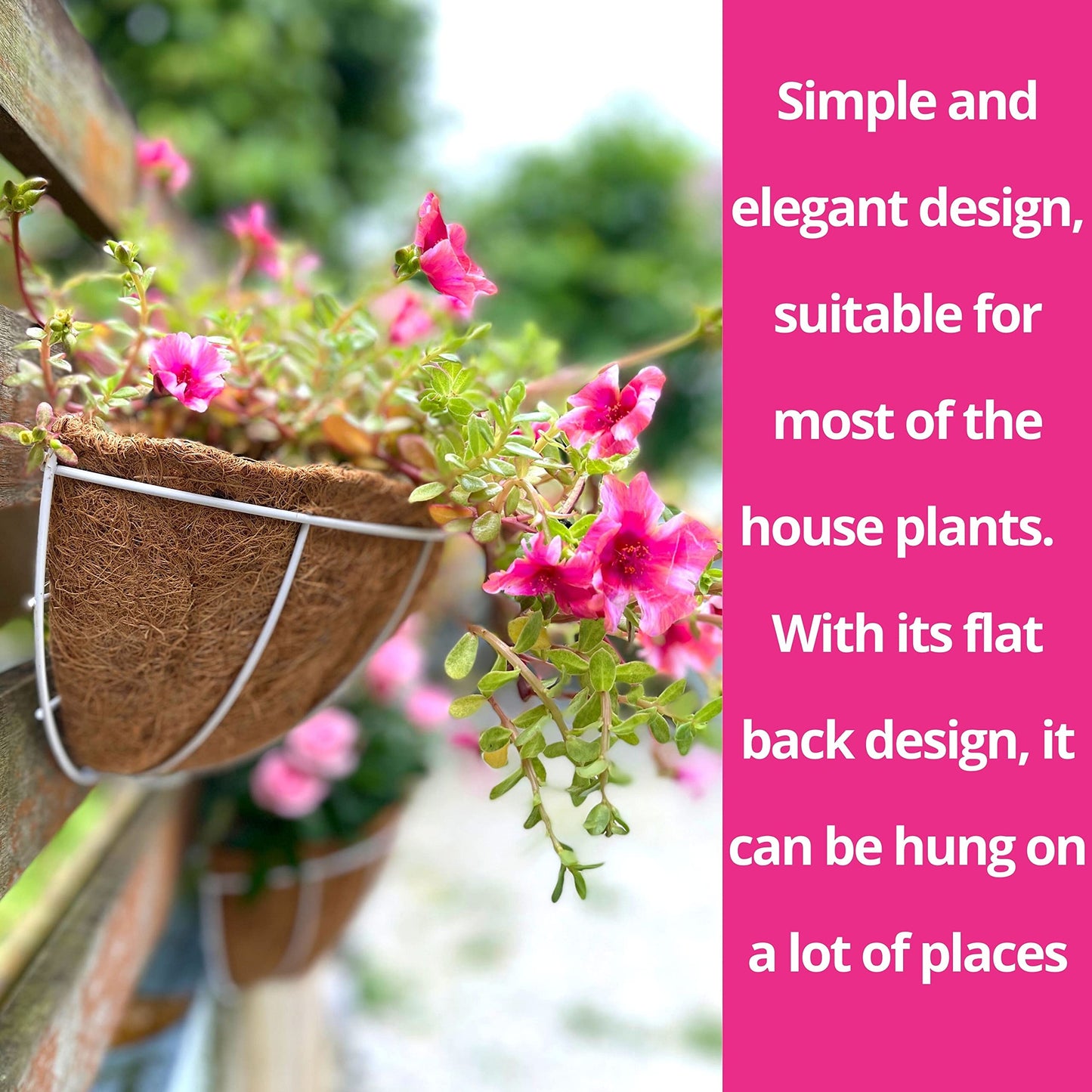 LaLaGreen Large Wall Planters Outdoor, 2 Pack, 14 Inch Wall Hanging White Metal Wire Pot with Coco Liner, Wall Mount Flower Basket Outside Fence Railing Plant Holder Patio Deck Porch Balcony Garden