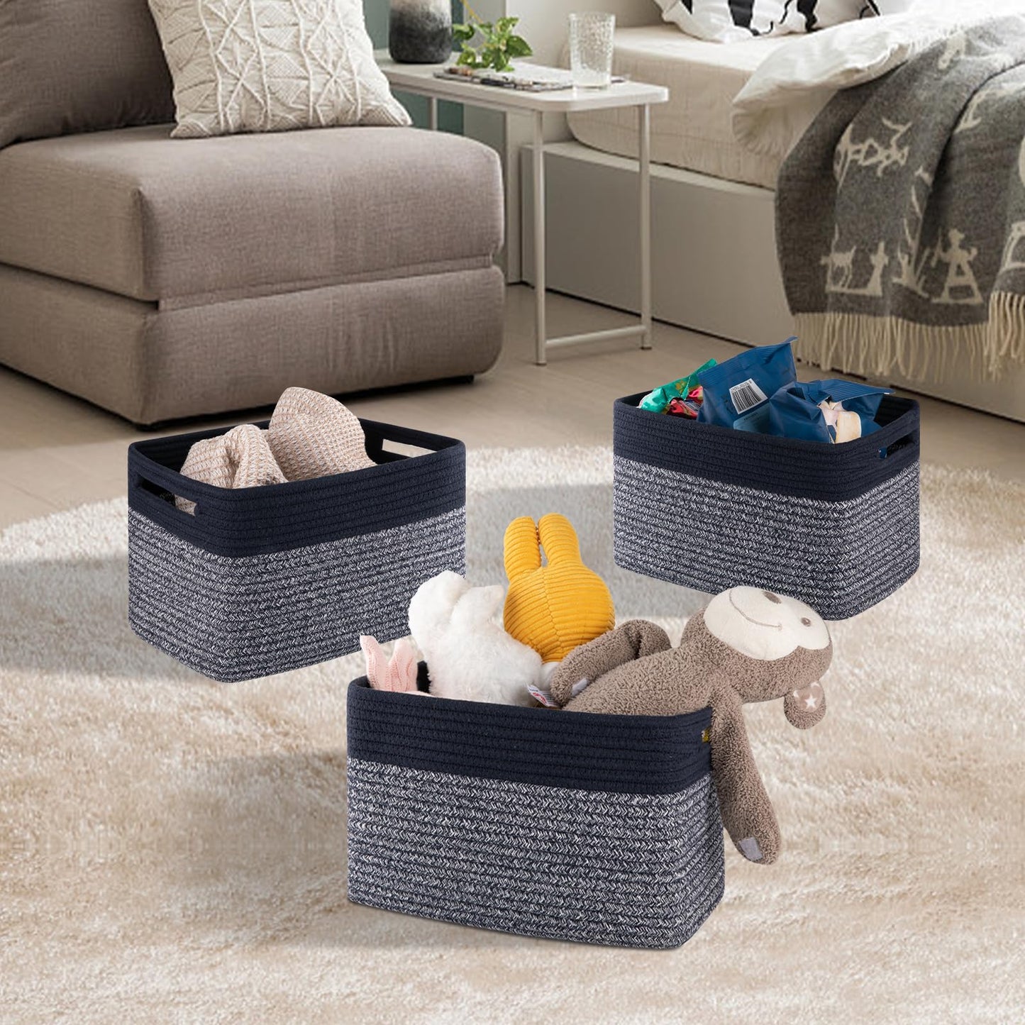 SIXDOVE 4 Pack Storage Baskets for Organizing, Woven Baskets for Shelves - Perfect for Toys, Books, Towels, and Clothes, Durable Gift Basket Bins Toy Storage, 12.7''L x9''W x7.8''H, Blue and Grey