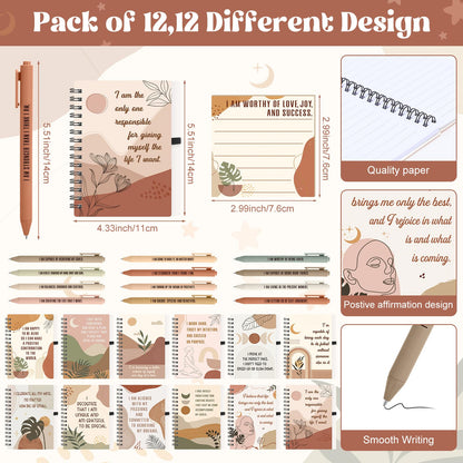 Funrous 36 Pcs/12 Set Positive Affirmation Gifts Gratitude Spiral Notebooks with Pens and Affirmations Stickers Motivational Encouragement Journal for Women Employee Adult Stationery Set Party Gifts