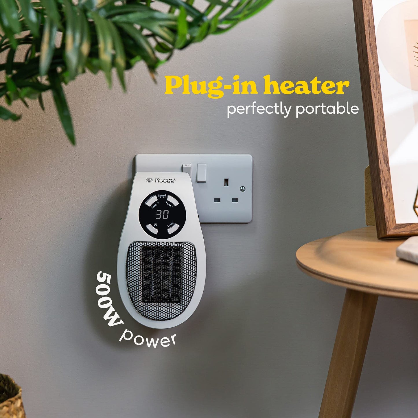Russell Hobbs RHPH2001 500W Ceramic Plug Heater, Adjustable thermostat, 12 Hour Timer & LED Display, 2 Fan Speeds, 2 Year Guarantee, White