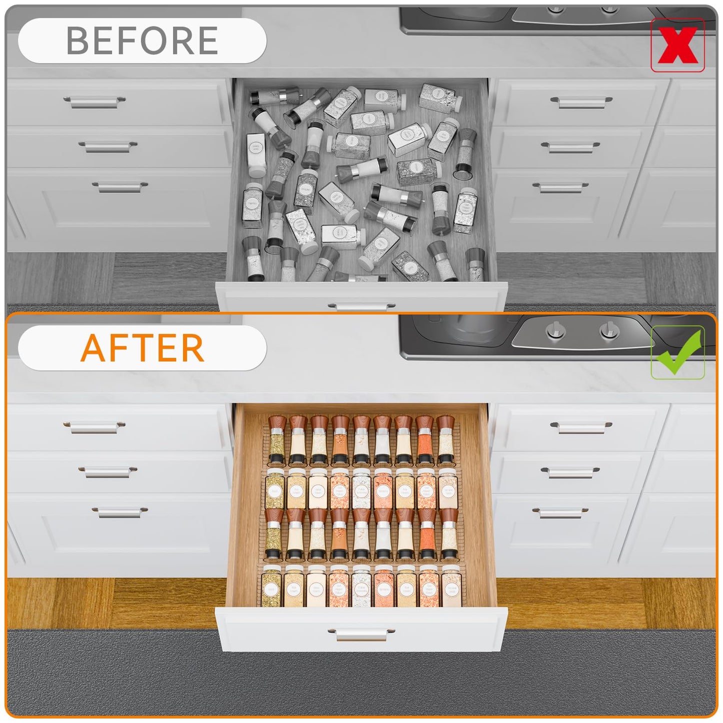 Yieach 8 Pack Adjustable Narrow Spice Rack for Drawer - Expandable From 9" to 17.7" - Acrylic Drawer Seasoning Organizer,Tiered Clear Spice Tray for Spices,Condiment,Nail Polish and Jar Organization