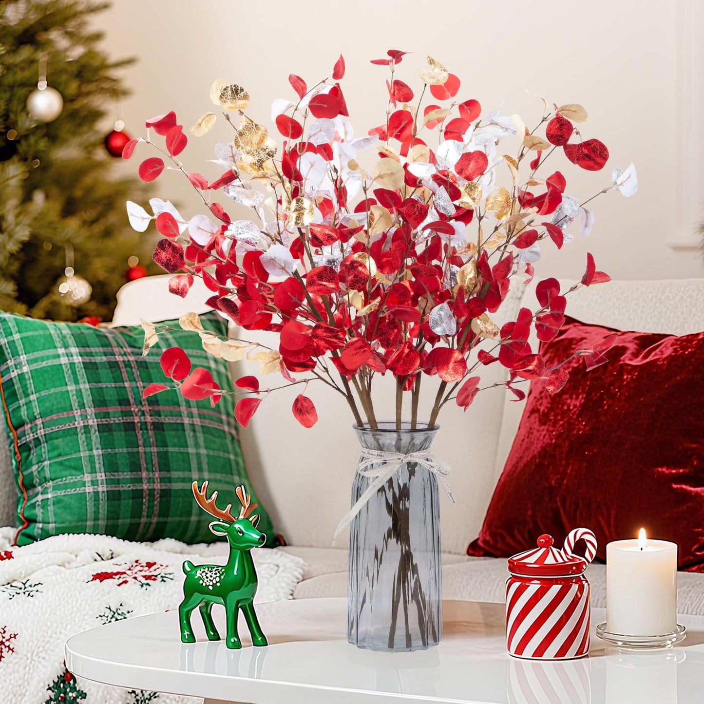Voqoza 6pcs Eucalyptus Stems Fake Red Gold Silvery Christmas Decorations Leaves Artificial Silk Flowers Bouquet Faux Branches Centerpiece Flores Plants for Home Party Decor Wedding Decoration