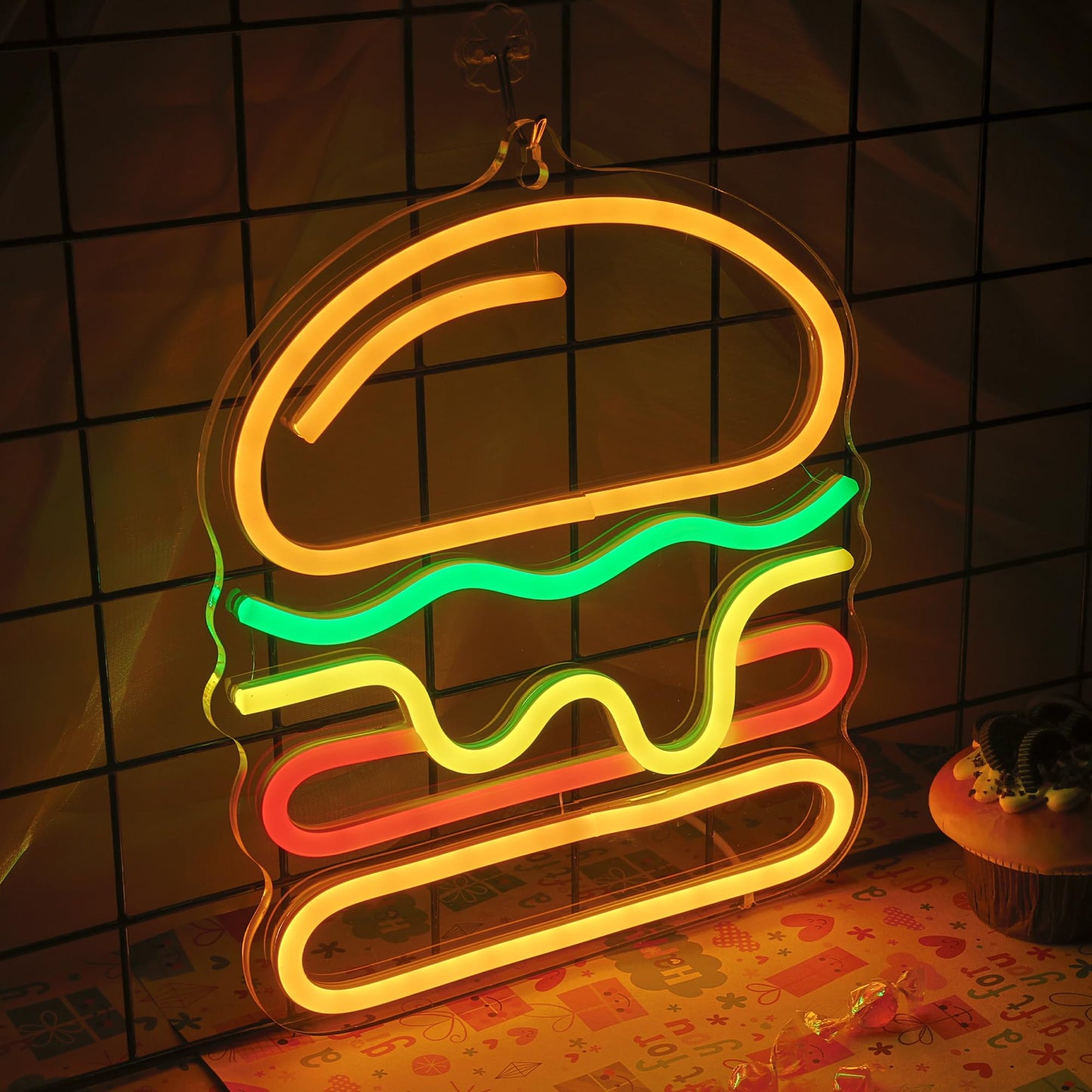 Attivolife Hamburger Neon Sign for Wall Decor, Light up Delicious Food Hamburg LED Lamp with Dim USB Powered, Unique Business Fast Food Shop Restaurant Decoration, Christmas Day Birthday Party