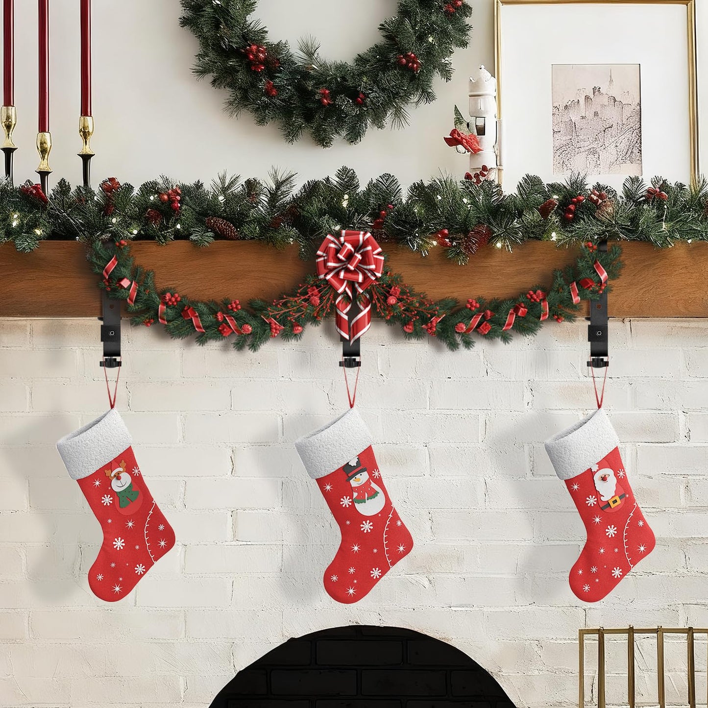 Acrridi Stocking Hangers for Mantel,4 Pcs 2 in 1 Adjustable Fireplace Christmas Stocking Holder,No-Drill, Easy to Install Garland Hanger for Christmas Decorations,Fits 0.1”-3.5”Mantles(Black, 4)