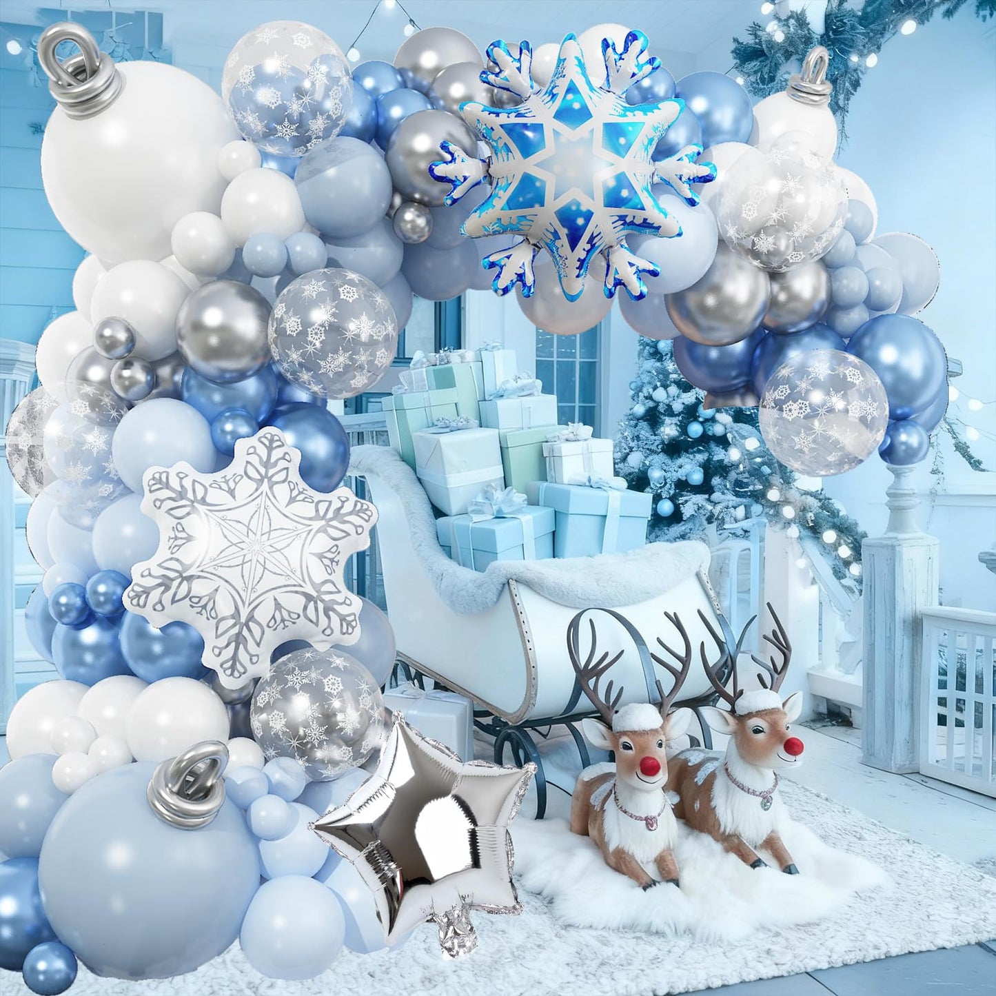 Winter Wonderlan Balloon Garland Arch Kit, Blue White Silver Balloons Snowflake Star Foil Balloons for Baby Its Cold Outside Onderland Christmas Ice Baby Shower Birthday Party Decorations Supplies