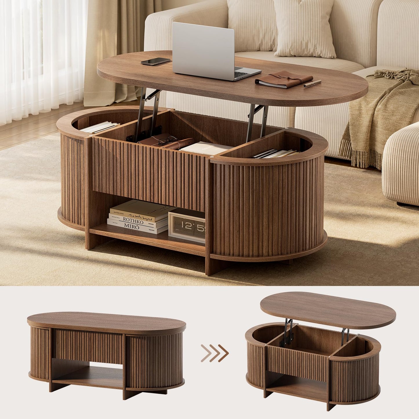 Sikaic Fluted Lift Top Coffee Table with Storage, Mid Century Modern Oval Coffee Tables with Open Shelf and Hidden Storage Compartment, Center Table for Living Room, Office, Small Space, Walnut Brown