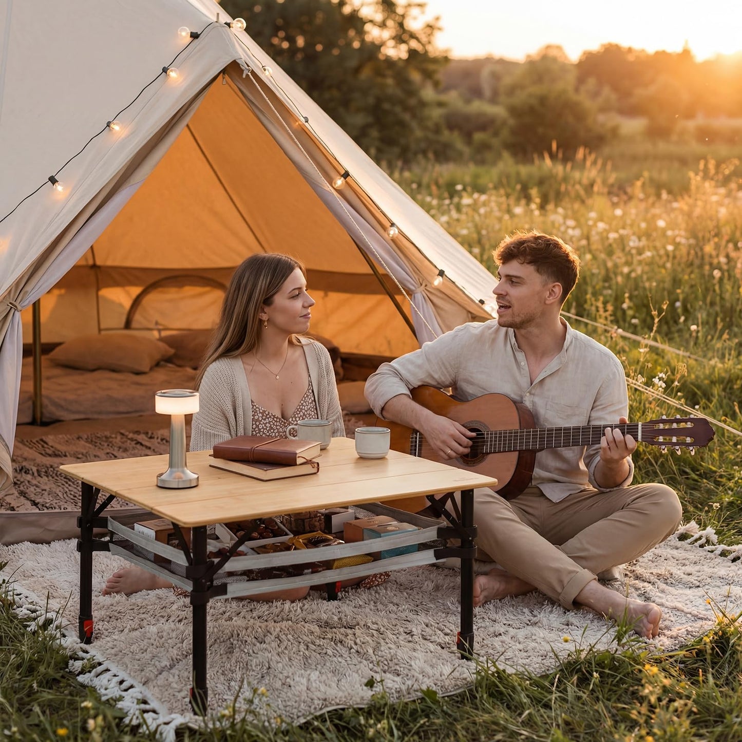 Join Nature 31.5'' Bamboo Folding Camping Table, Adjustable Height Folding Outdoor Table with Aluminum Frame & Mesh Storage, Portable Camp Table with Carry Bag for Camping, RV, Tailgating & Backyard