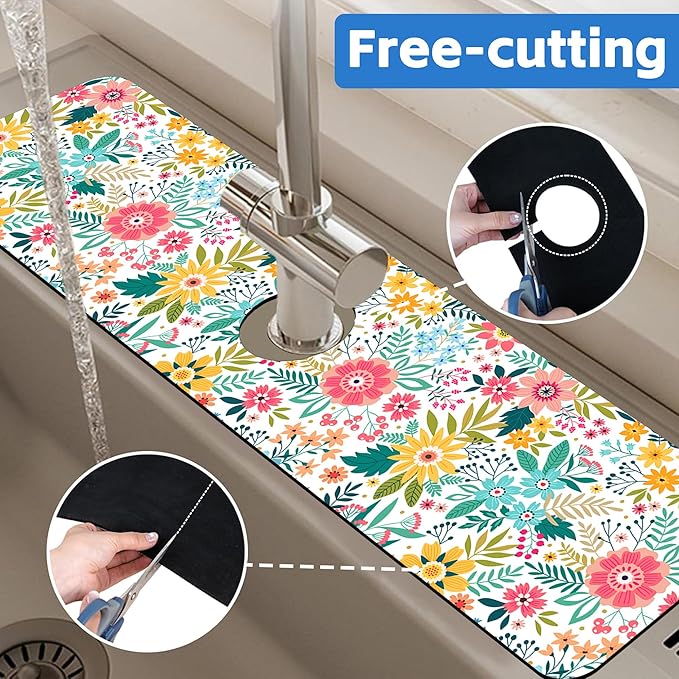 Colorful Floral Leaves Berries Kitchen Sink Splash Guard Mat Absorbent Fast