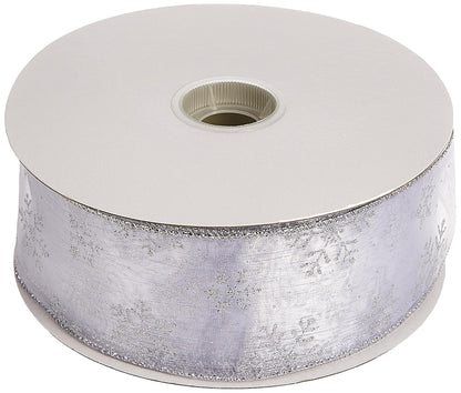 Morex Ribbon 7405.60/50-701 Snowflake 2.5" X 50 YD Nylon Sheer Wired Glitter Ribbon, White/Silver, Ribbon Art Supplies for Christmas Decorations, Indoor Christmas Ribbon for Gift Wrapping Art Set