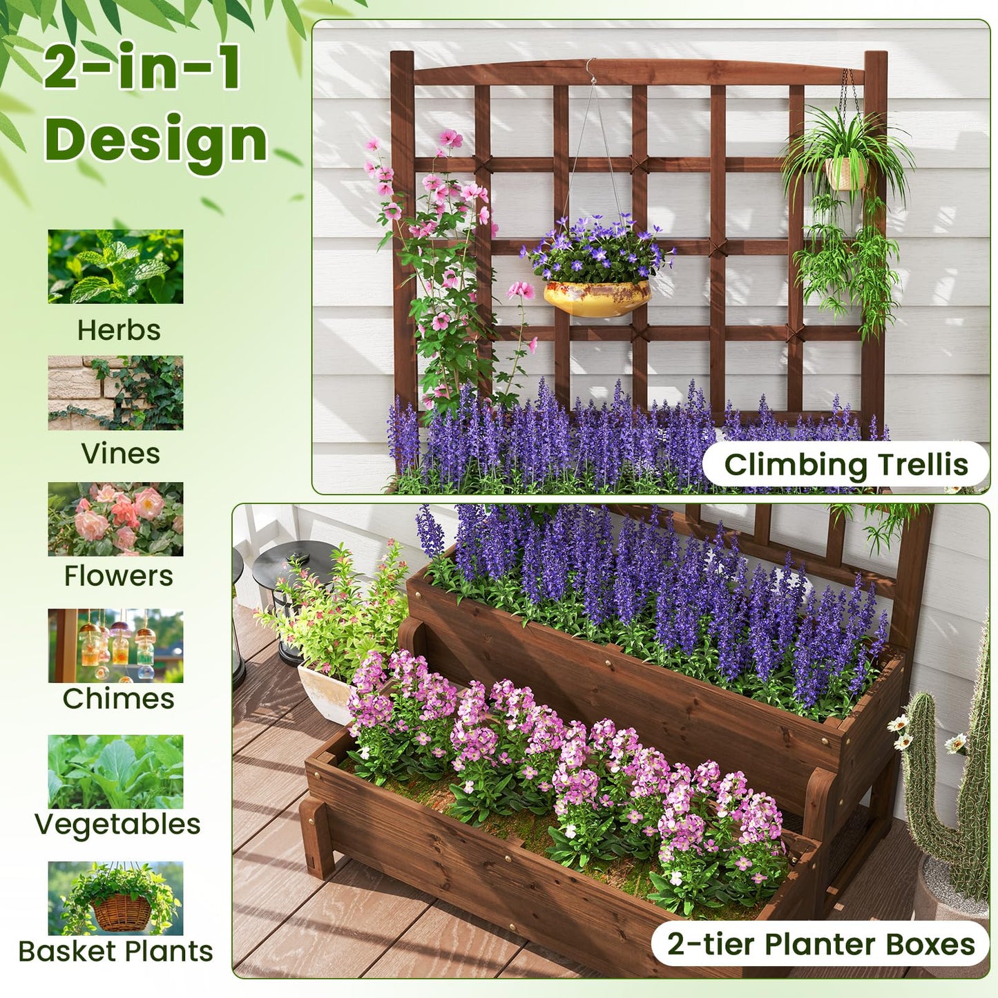 Giantex 2 Pcs Raised Garden Bed with Legs and Trellis, 2-Tier Standing Planter Box with Drain Holes, Outdoor Elevated Garden Trellis for Vine Climbing, Flower Vegetable Fruit Herb Growing
