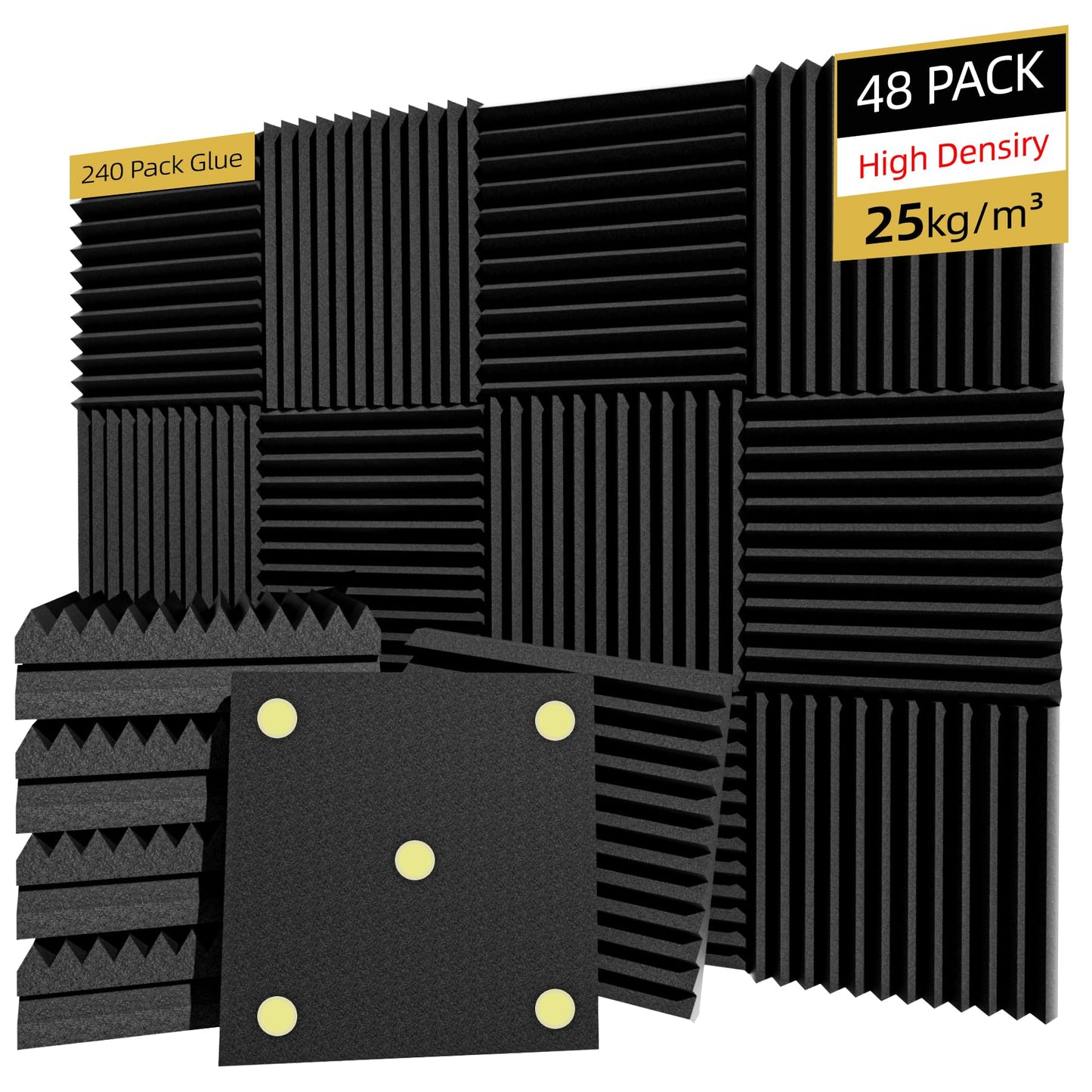 TEMGCUAM 48 Pack Sound Proof Foam Panels |1"×12"×12" Quick-Recovery Soundproof Wall Panels | High Density Sound Dampening Panels for Home Studio |With Adhesive Stickers 240PCS (Black)