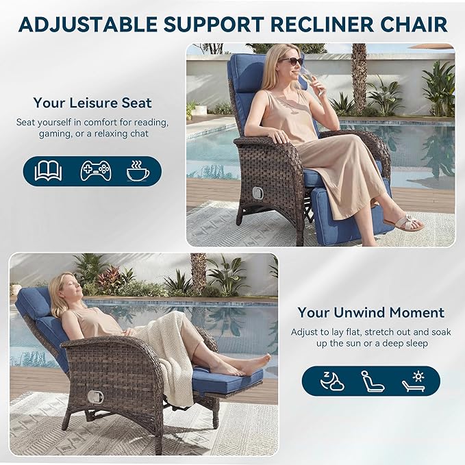 Zero Gravity Wicker Patio Recliner Chair - Wicker Outdoor Lounge Chair with Adjustable Backrest & Footrest, All Weather Outdoor Reclining Chairs with Thick Cushion for Pool Deck Blue