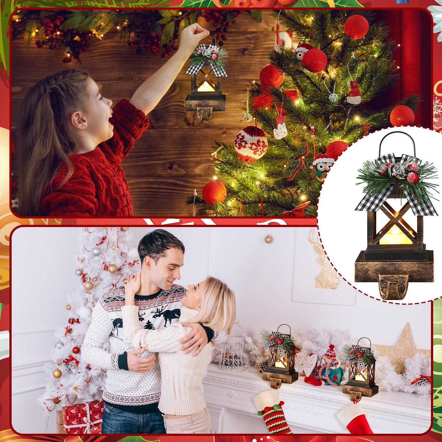 Therwen 2 Pcs Christmas Stocking Holders Lantern Christmas Stocking Hangers for Mantel Xmas Hooks Decorative Retro Light up Holders for Home Indoor Outdoor Decor(Classic,Bronze)