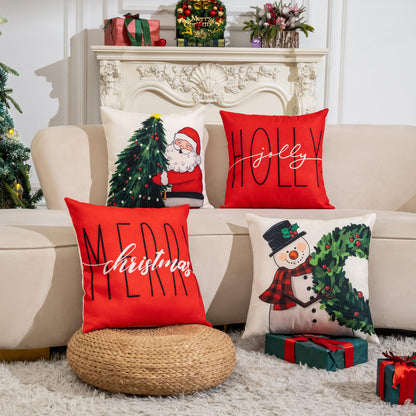 Hongsome Christmas Throw Pillow Covers 18x18 in Set of 4 Decorations,Decorative Snowman Santa Pillow Case for Couch Sofa Winter Holiday Indoor Outdoor Home Red White Xams Decor
