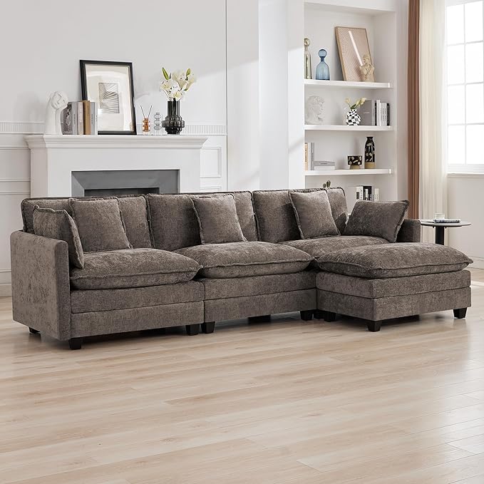 111'' Sectional Cloud Deep Seat Couch, Modern Comfy Chenille L Shaped Sectional